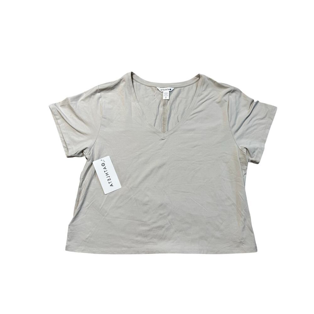 NWT - ATHLETA ESSENTIAL V-Neck Tee Shirt, size Women's XL, NEW!, Taupe/Tan